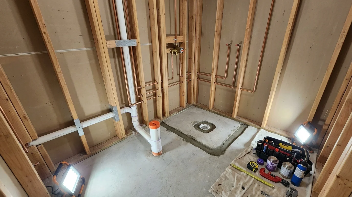 Bathroom rough-in plumbing during remodel by Johns Plumbing LLC in Leavenworth
