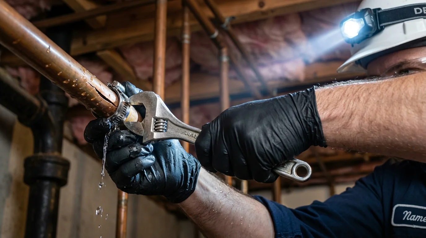 Emergency pipe clamp repair being performed by a Johns Plumbing LLC plumber in Leavenworth