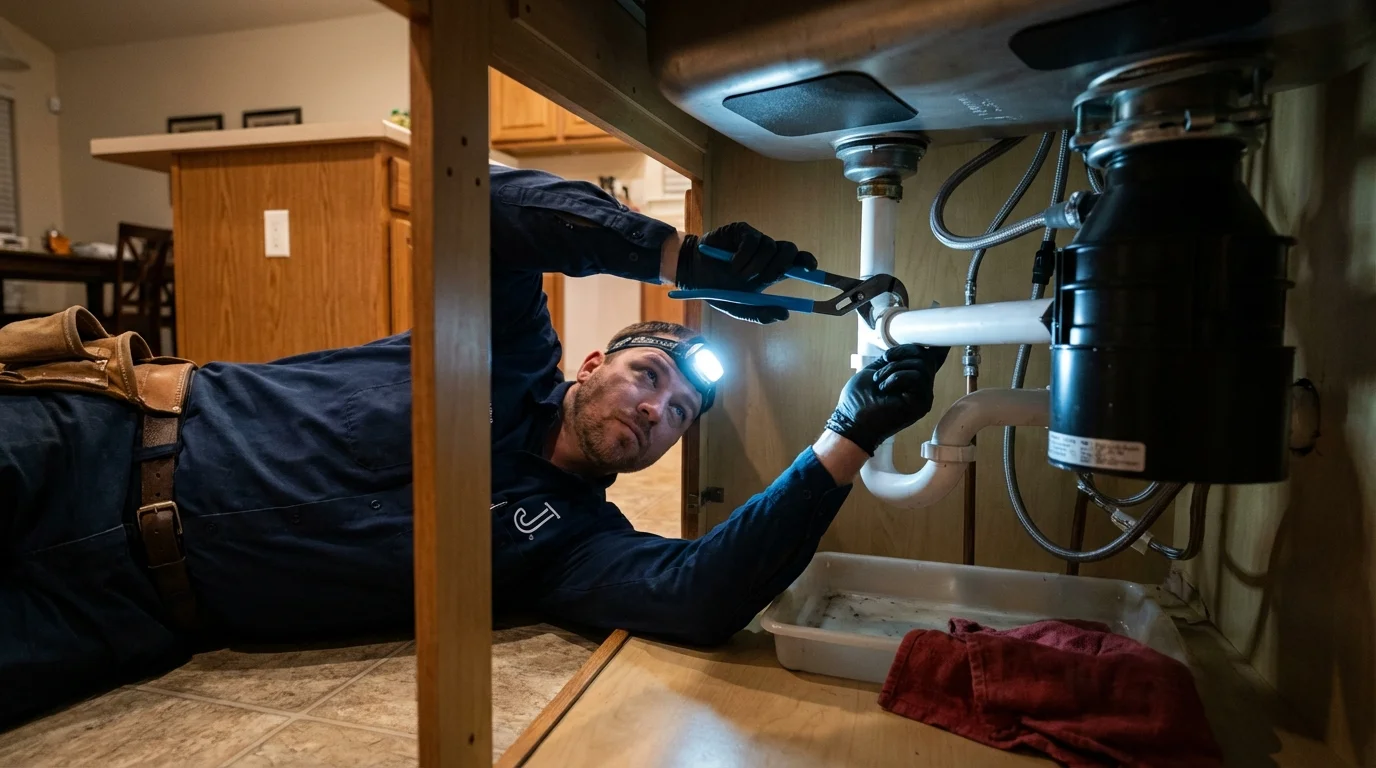 P-trap and supply line connections under a kitchen sink showing a common leak point in Leavenworth, WA
